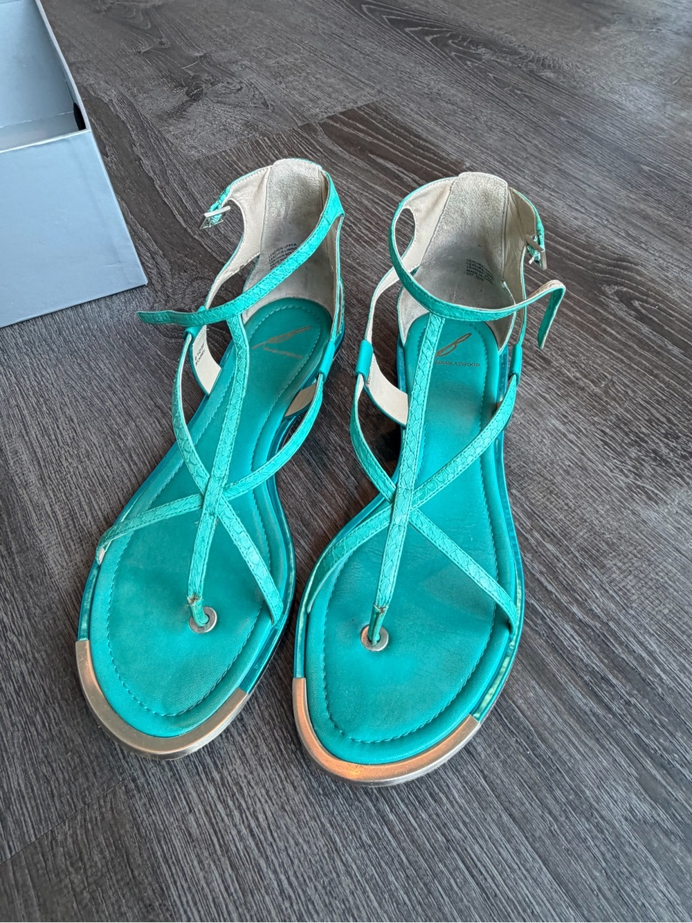 Brian Atwood Turquoise Strappy Flat Sandals